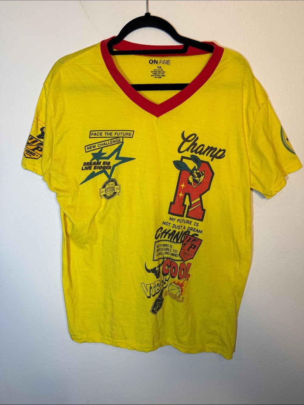 On Fire Y2K Grunge Streetwear Yellow V-Neck Graphic Tee with Red Trim 3 XL
